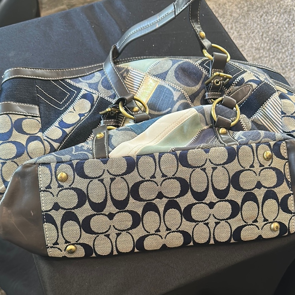 Coach Denim Patchwork Signature Tote (Navy, Blue, Gra… - Gem